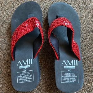 BNWOT- AMII RED SEQUIN FLIP FLOP WEDGES